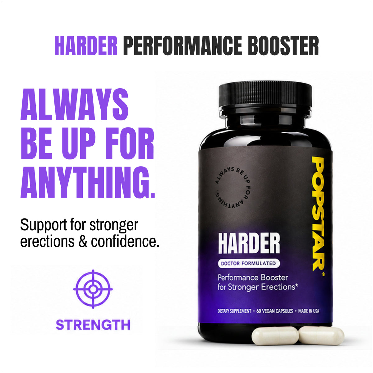 Black supplement bottle labeled 'Harder' with promotional text on a white background