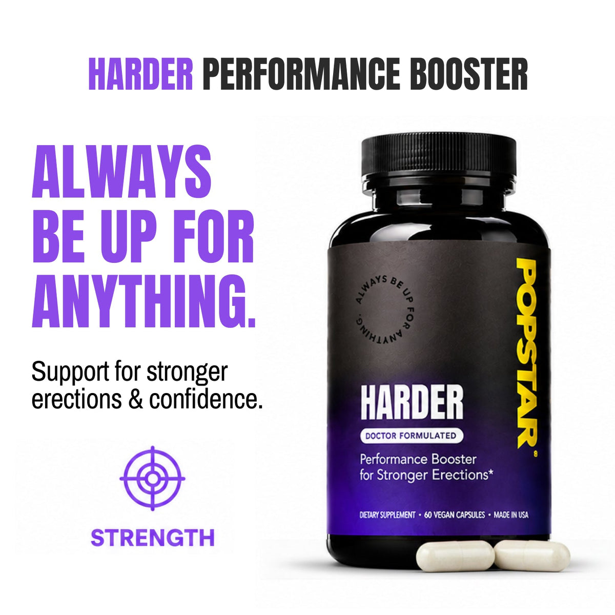 Black supplement bottle labeled 'Harder' with promotional text on a white background