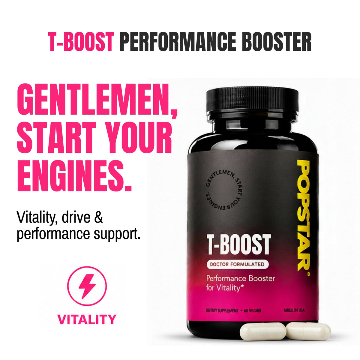 T-Boost performance booster bottle with promotional text on a white background